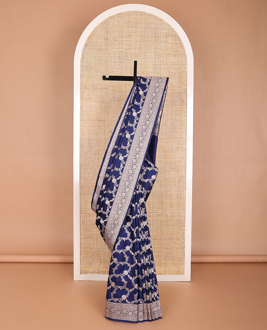 Dark blue floral jaal design semi banaras satin saree with self zari design border & floral design pallu