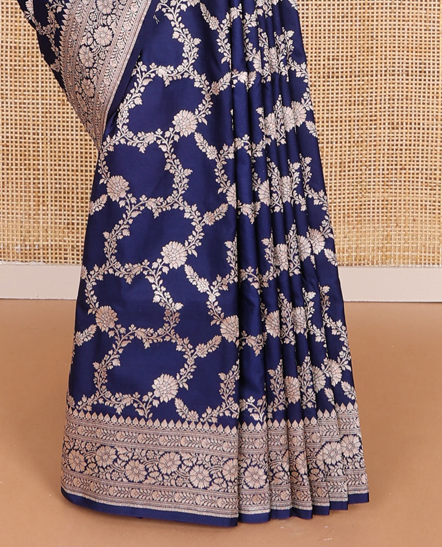 Dark blue floral jaal design semi banaras satin saree with self zari design border & floral design pallu