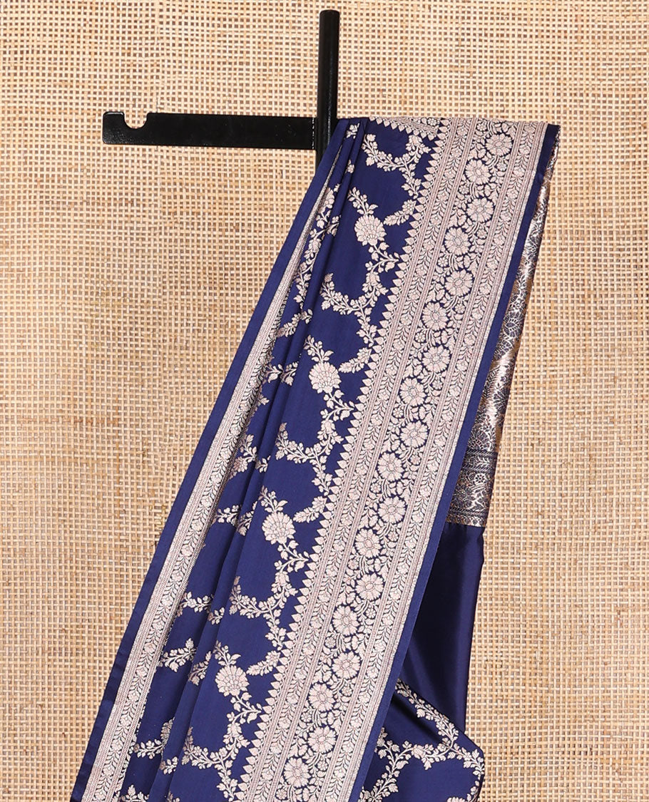 Dark blue floral jaal design semi banaras satin saree with self zari design border & floral design pallu