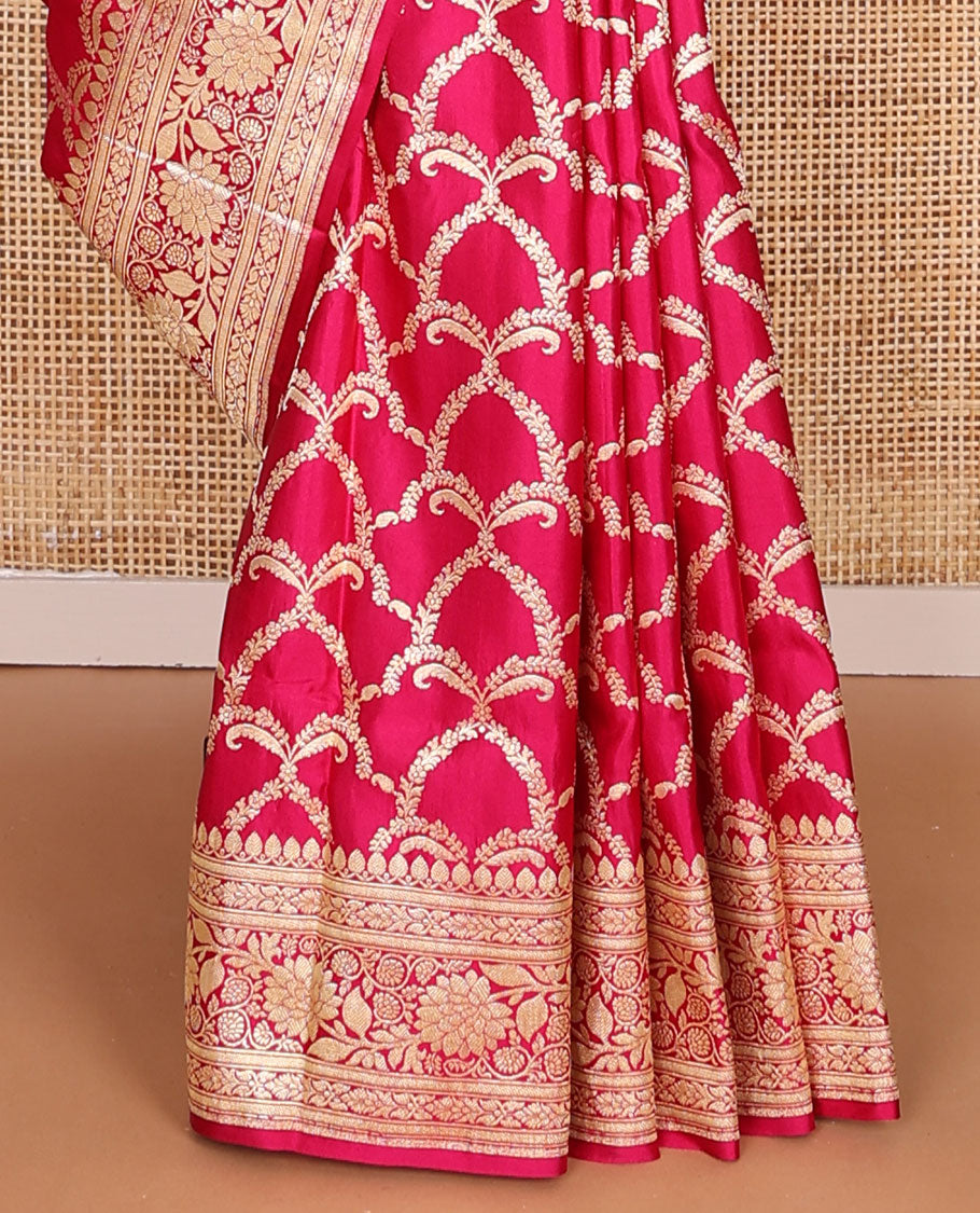Red jacquard banarasi silk saree, floral creeper & traditional zari border & pallu steeped with unique floral designs