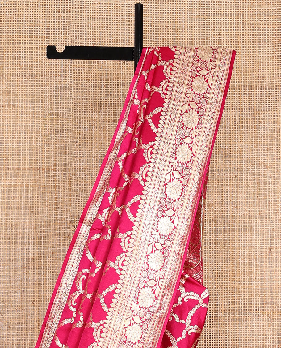 Red jacquard banarasi silk saree, floral creeper & traditional zari border & pallu steeped with unique floral designs