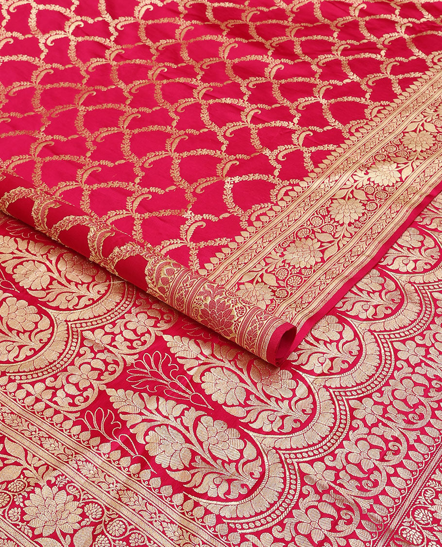 Red jacquard banarasi silk saree, floral creeper & traditional zari border & pallu steeped with unique floral designs
