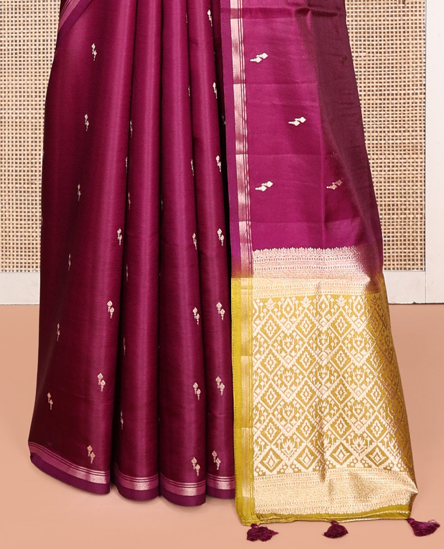Purple Satin Silk Saree, Enriched with Buttas, a Subtle Piping Border, Complemented by a Contrast Intricately Designed Pallu, and a Contrast Blouse