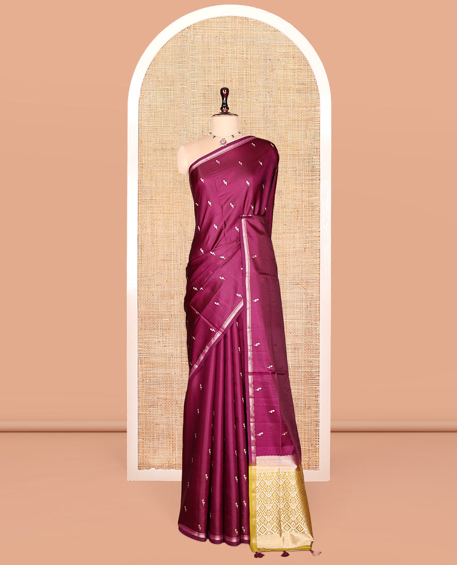 Purple Satin Silk Saree, Enriched with Buttas, a Subtle Piping Border, Complemented by a Contrast Intricately Designed Pallu, and a Contrast Blouse