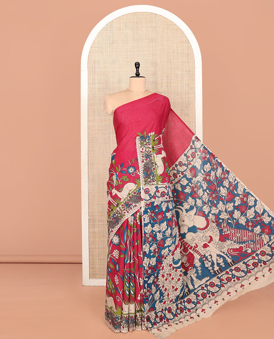 Pink Machine-Printed Kalamkari Cotton Saree Features Floral, Fauna, and Pichwai Lotus, a Contrast-Printed Border, Pallu of Lord Krishna Motifs, and a Contrast Blouse
