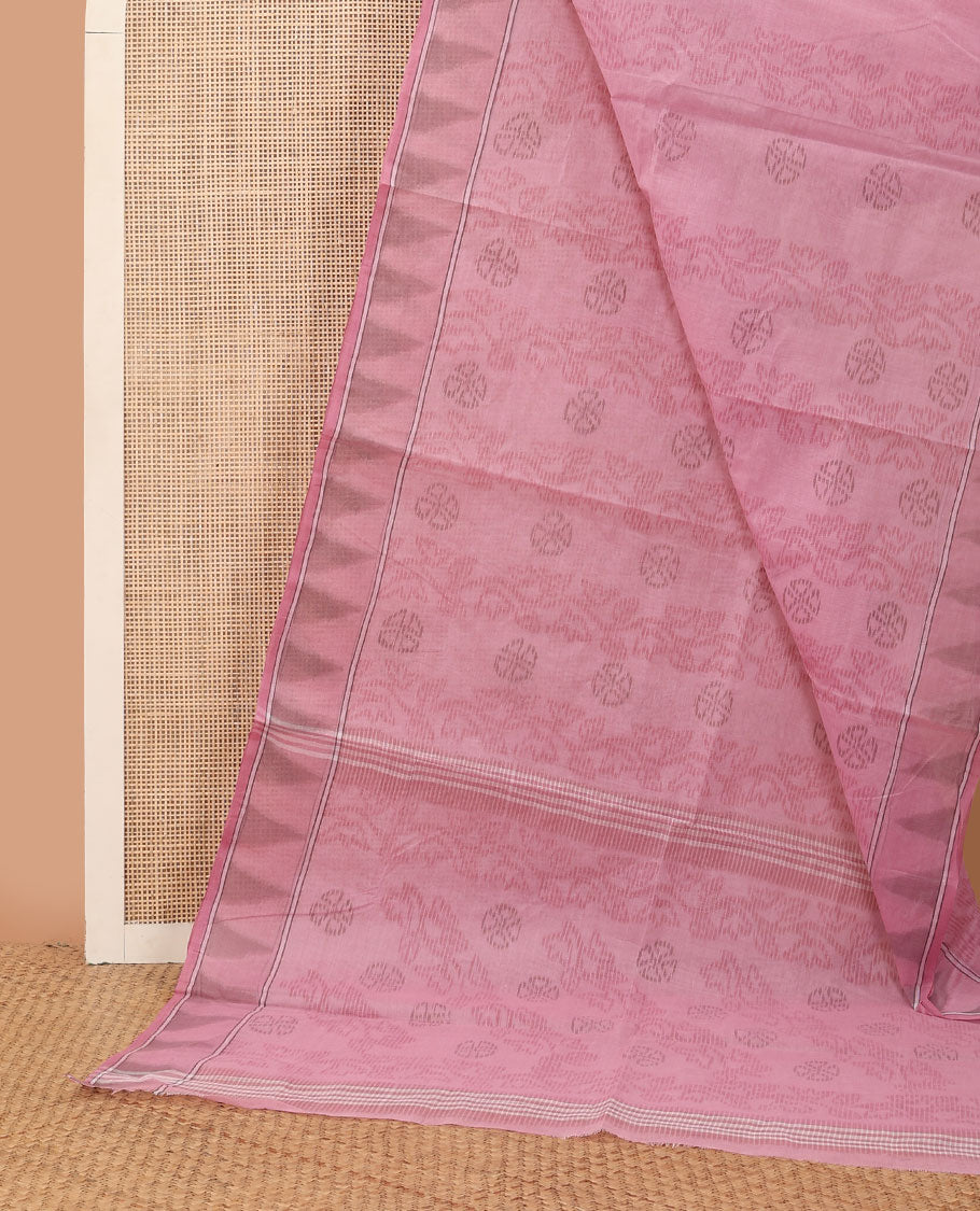 Pink striped & floral motifs printed Bengal cotton saree, temple border & printed pallu