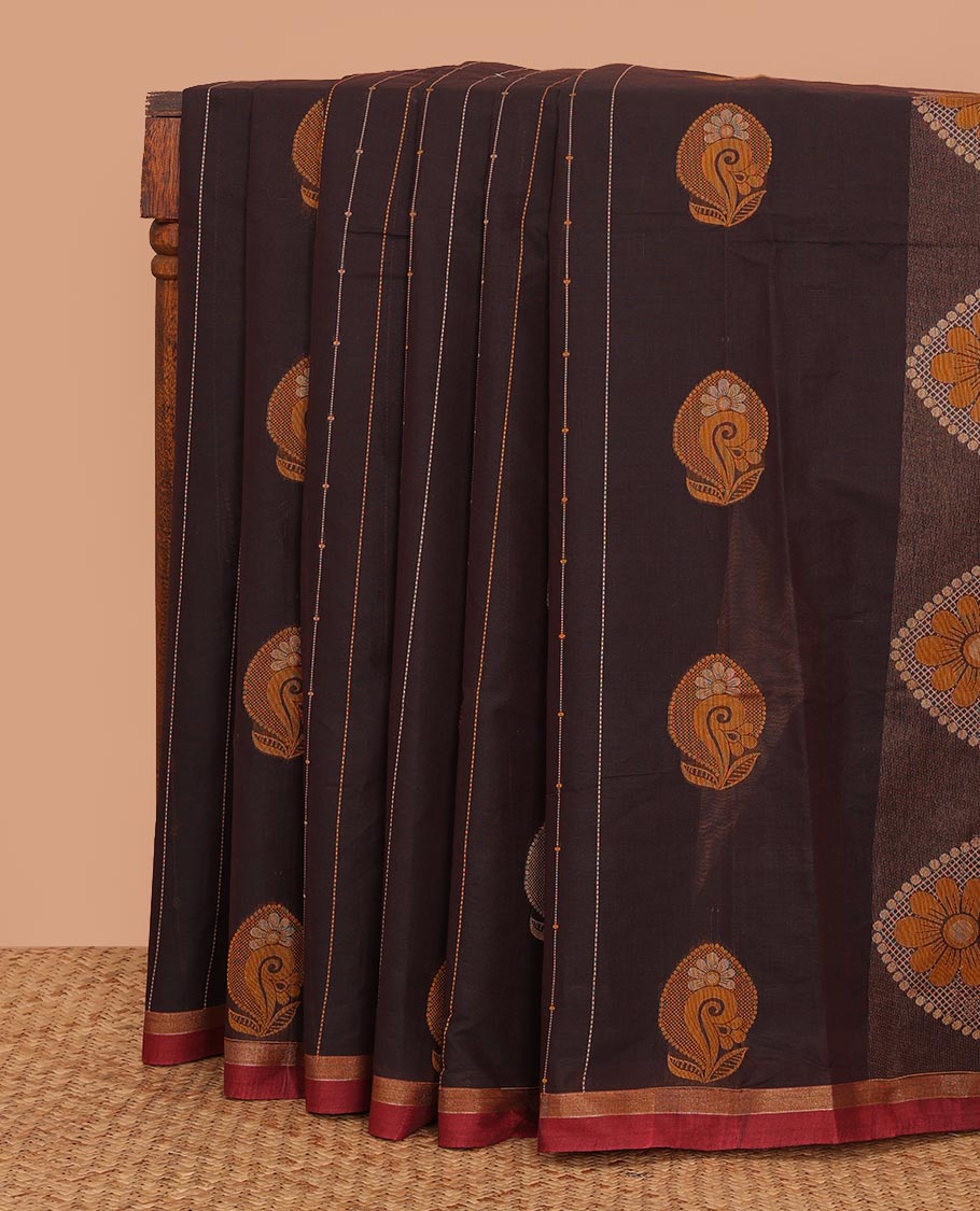 Brown stripes and buttas Kanchi cotton saree, contrast plain border, and pallu of intricate designs