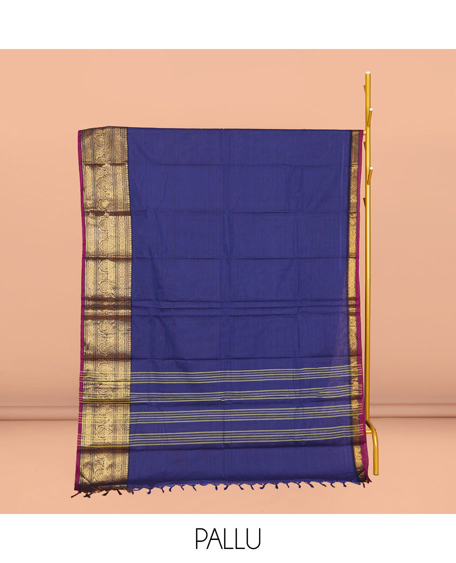 Blue Plain Chettinad Cotton Saree, Complemented by a Contrast Traditional Zari Design Border, Pallu of Stripes, and Paired with a Matching Blouse