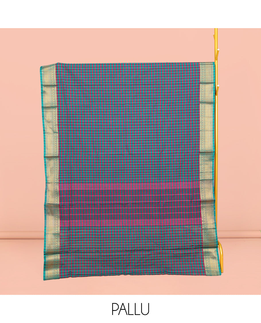Blue-Red Chettinad Cotton Saree, Adorned with Micro-Checks, Highlighted by Traditional Zari Border, Striped Pallu, and No Blouse