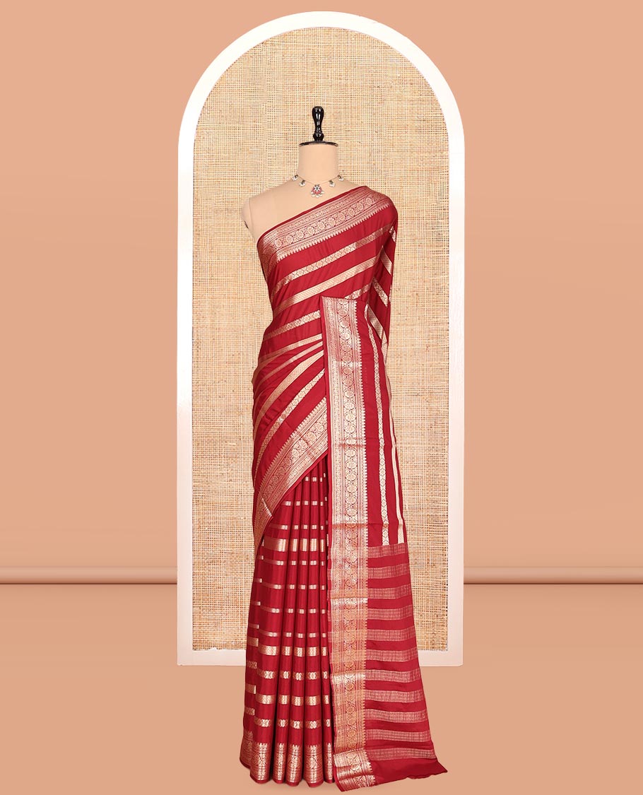 Maroon Zari Design Mysore Silk Saree, a Traditional Zari Border, Zari Striped Pallu, and a Matching Blouse