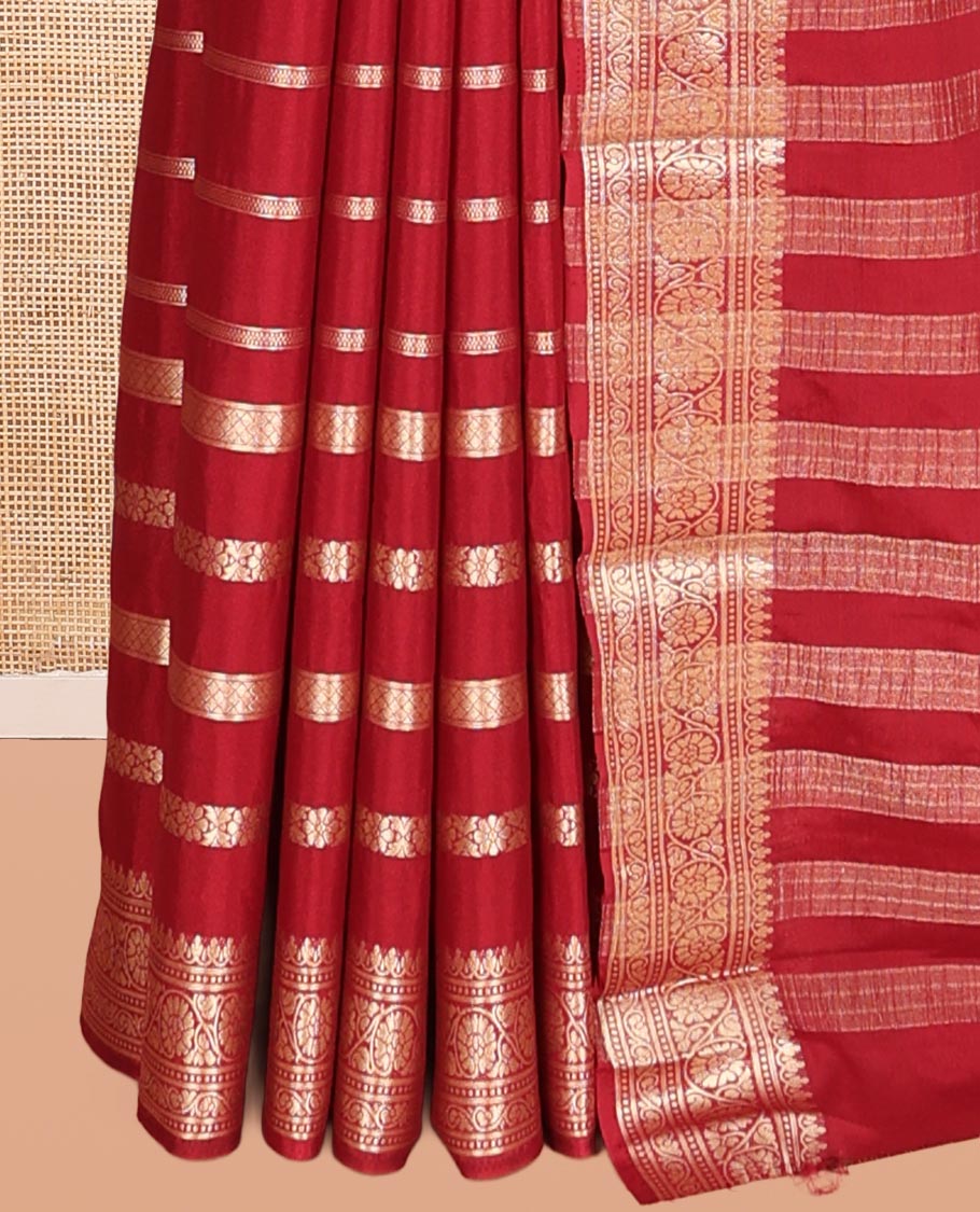 Maroon Zari Design Mysore Silk Saree, a Traditional Zari Border, Zari Striped Pallu, and a Matching Blouse