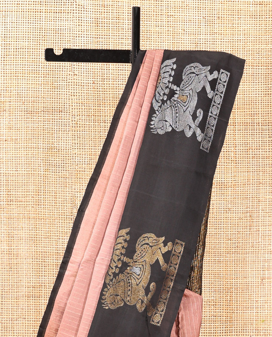 Onion Pink-Black Striped Mayuri Lite Silkmix , Contrast Border, Blouse