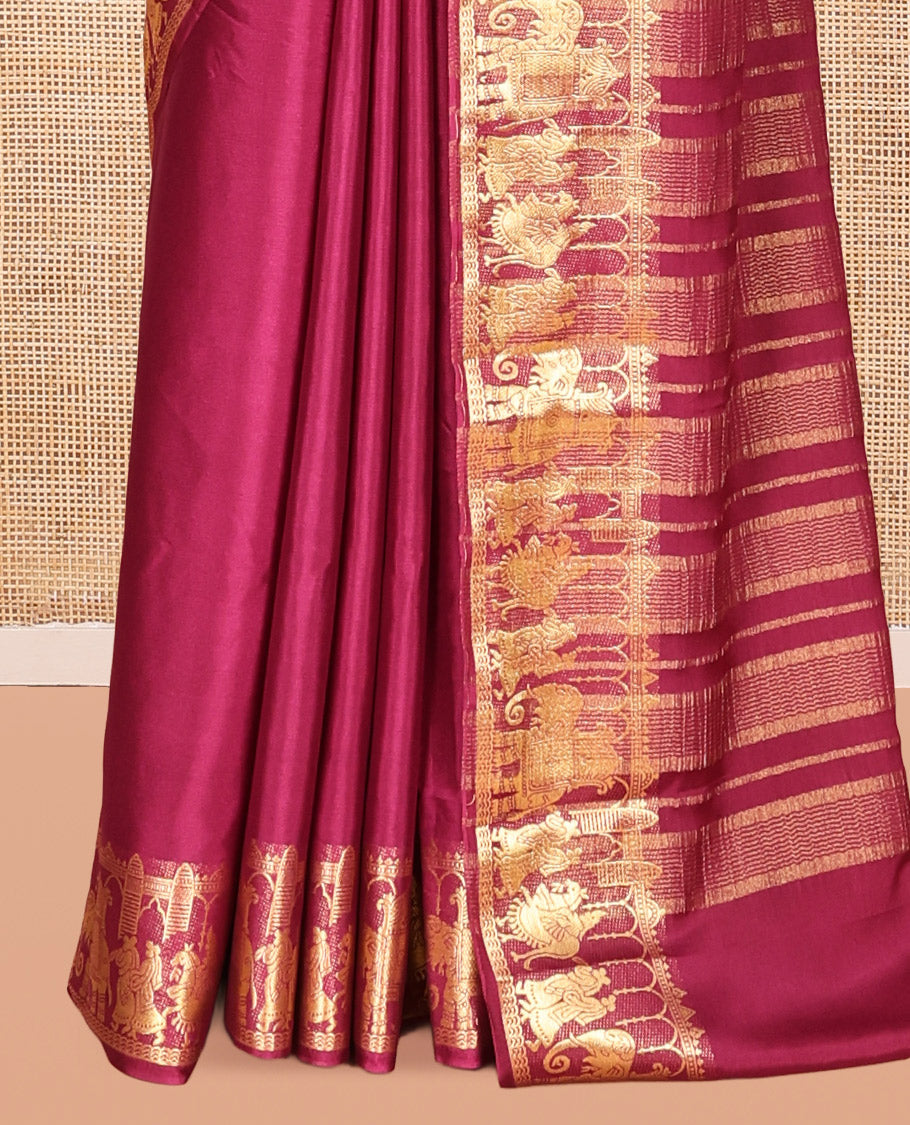 Wine Plain Semi-Mysore Saree, Zari Wedding-Themed Border, Zari Striped Pallu, Matching Blouse