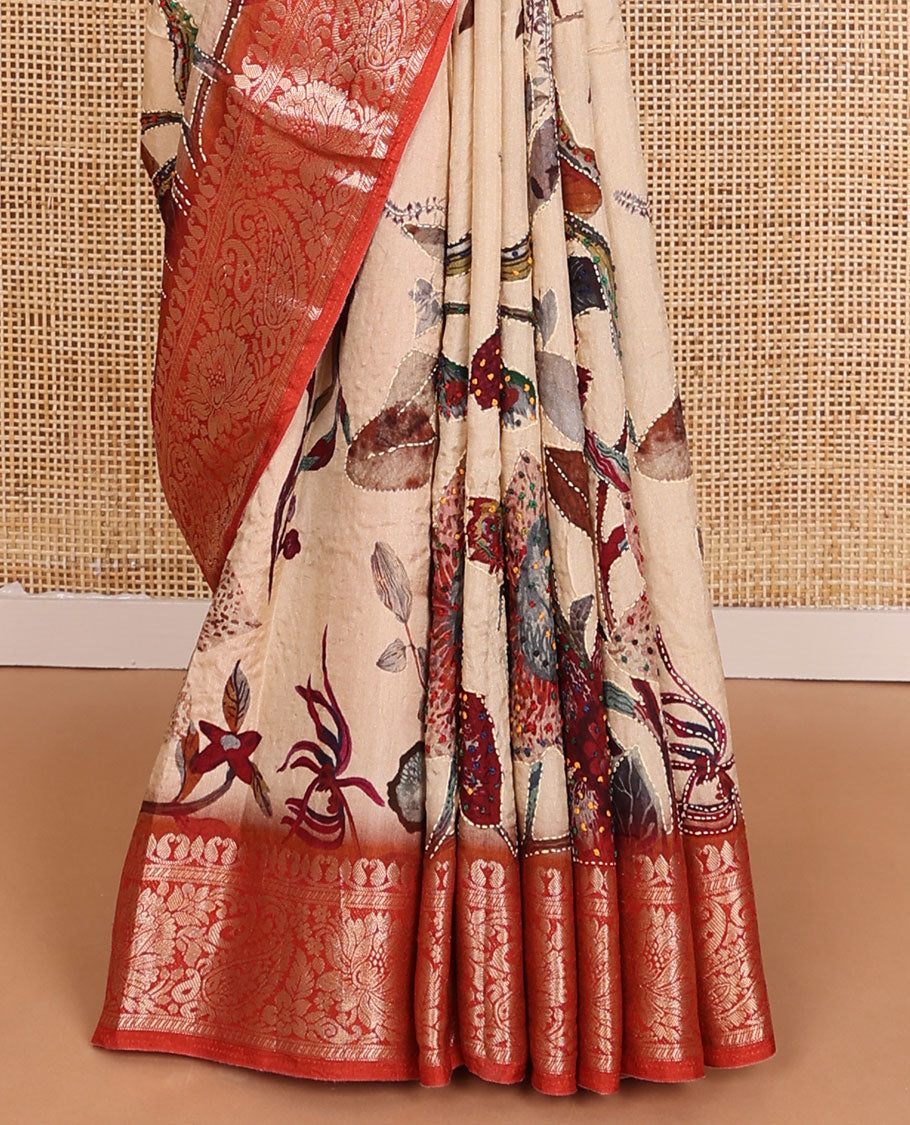 Sandal floral printed with French knot embroidered dola silk saree, contrast paisley zari design border & French knot thread embroidered pallu