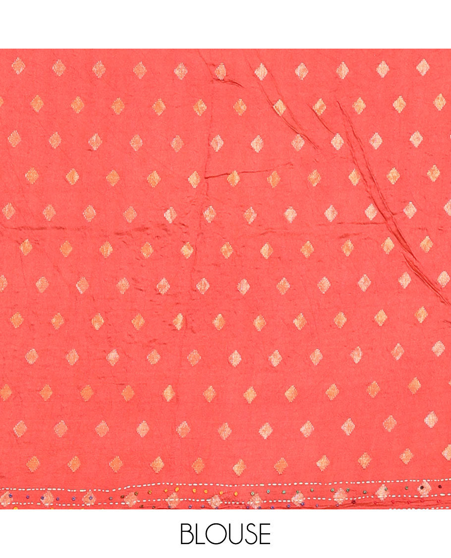 Sandal floral printed with French knot embroidered dola silk saree, contrast paisley zari design border & French knot thread embroidered pallu