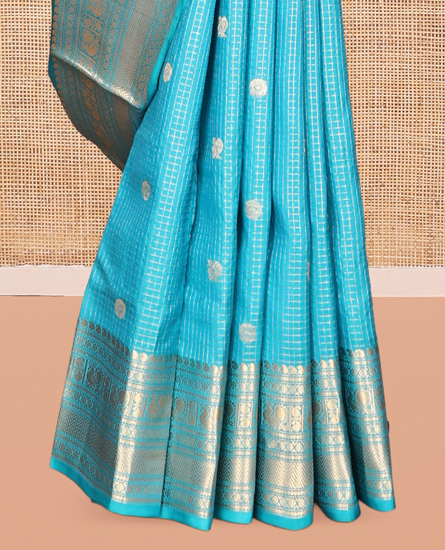 Blue Vasundhara Lite Silk Mix Saree, Richly Detailed with Zari Buttas and Zari Checks All Over Its Body, Highlighted by a Zari Border of Manga, Neli, Kamalam, Mayil, and Vanki Designs, Gleaming Intricately Designed Pallu, and Paired with a Matching Blouse