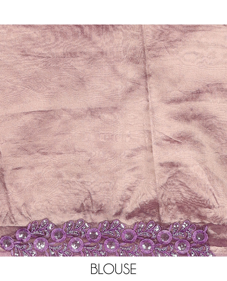 Pink stone embedded ombre crushed tissue designer saree, scallop ganga-jamuna floral-theme thread embroidered border with stone work