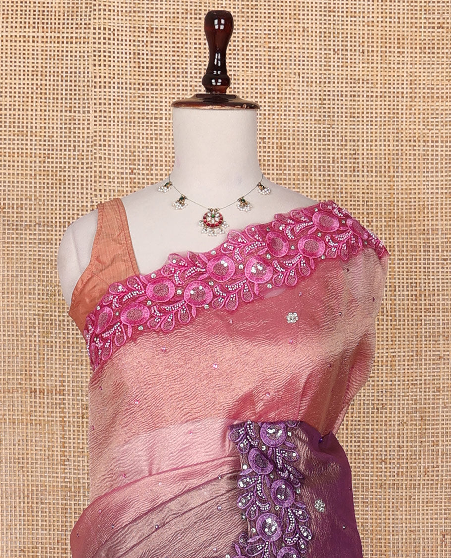 Pink stone embedded ombre crushed tissue designer saree, scallop ganga-jamuna floral-theme thread embroidered border with stone work