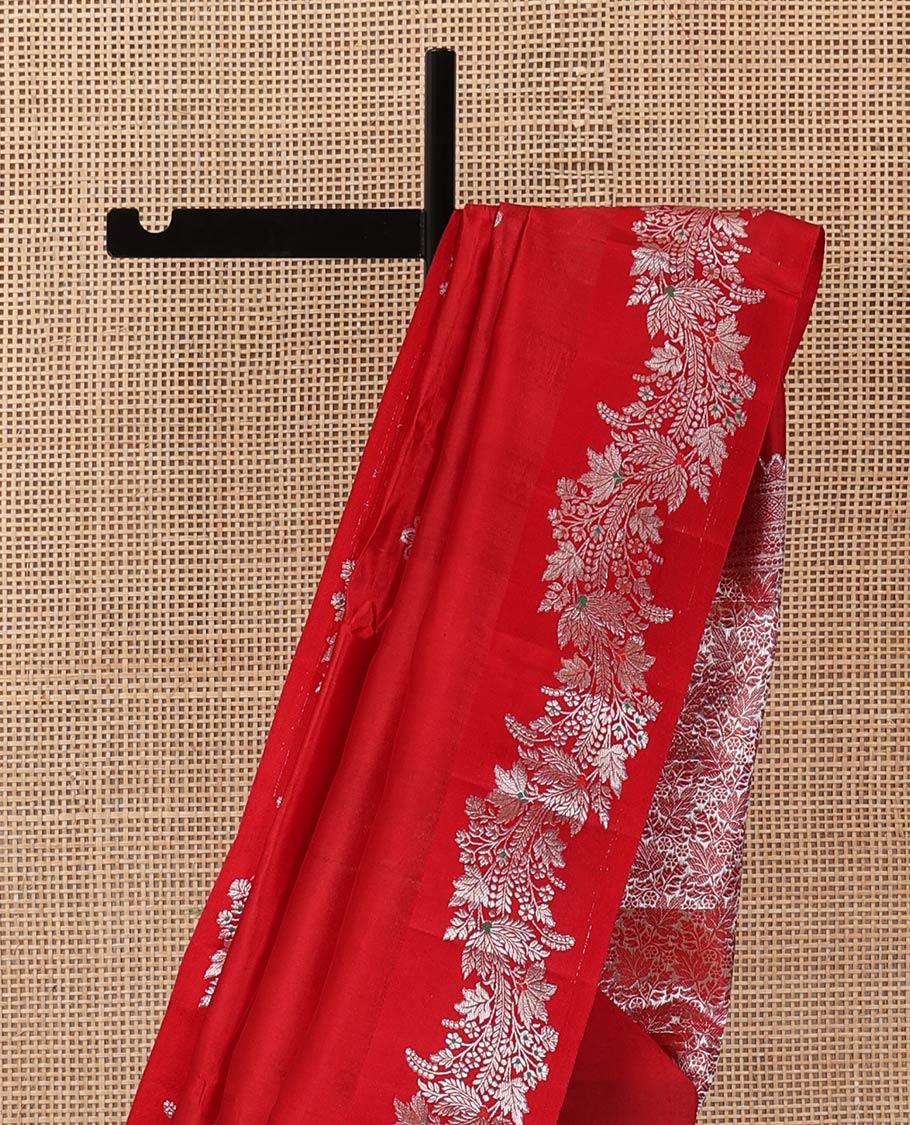 Borderless red zari buttas and floral creeper zari woven raw mango silk saree, floral jaal pallu