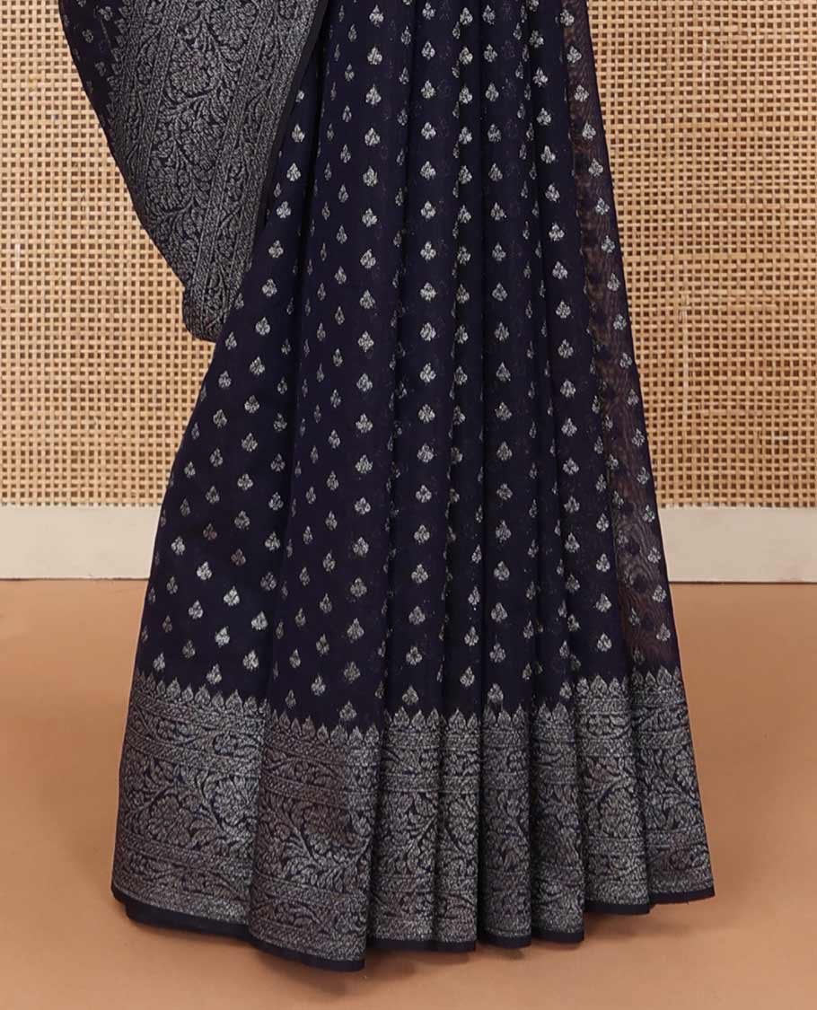 Navy blue zari buttas fancy saree, zari floral creeper border, and floral jaal pallu