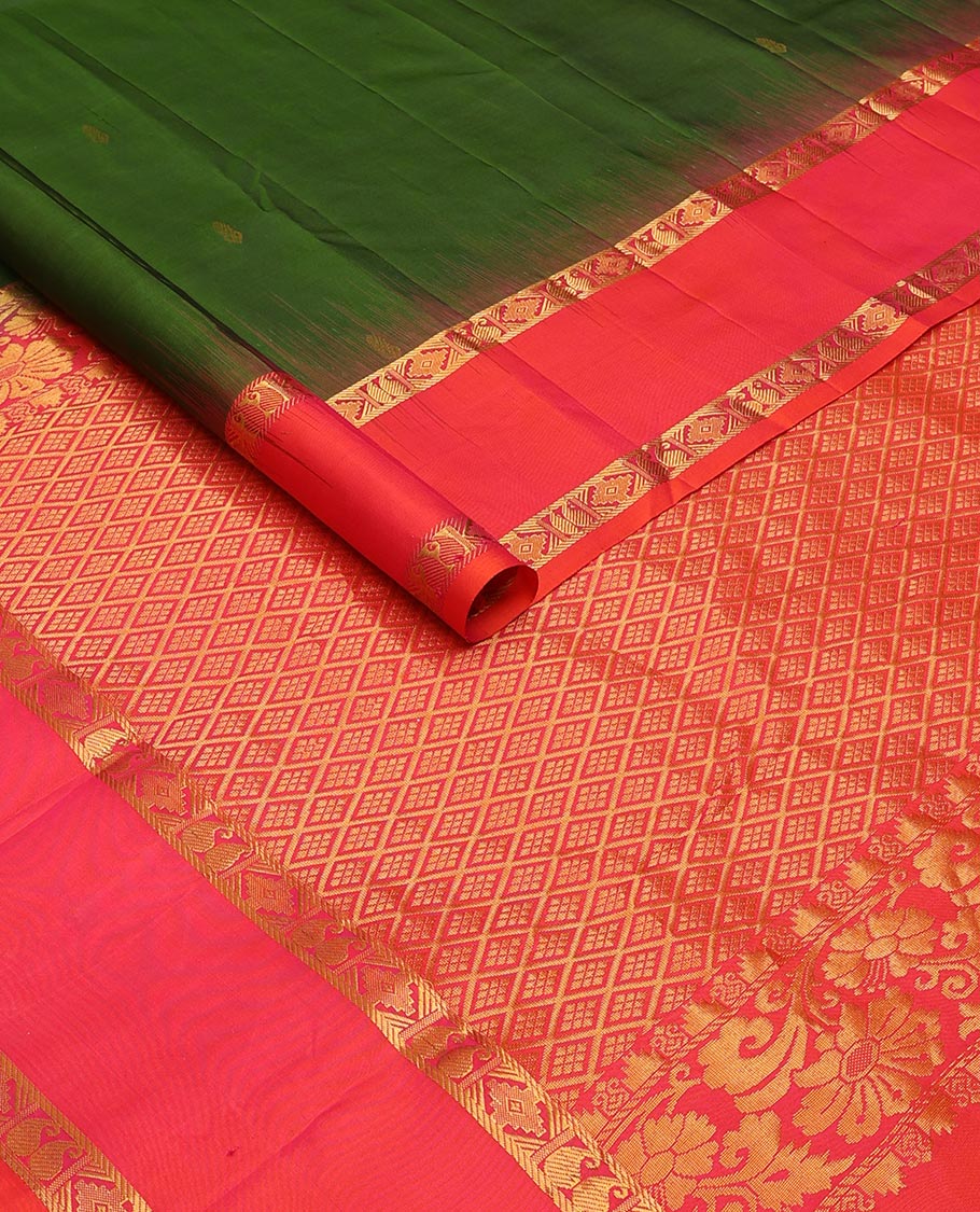Green zari buttas silk saree, contrast rettai pettu border of rettai manga & rekku & jaal design pallu