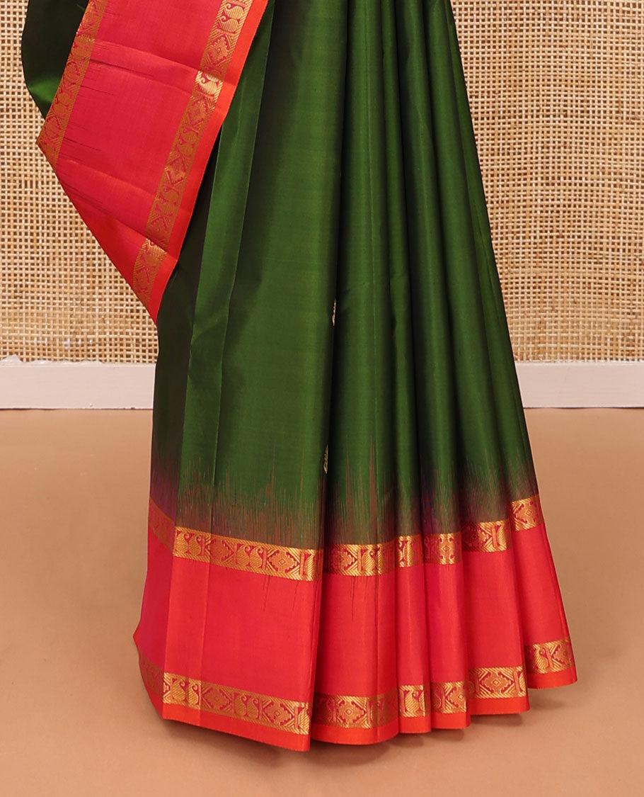 Green zari buttas silk saree, contrast rettai pettu border of rettai manga & rekku & jaal design pallu