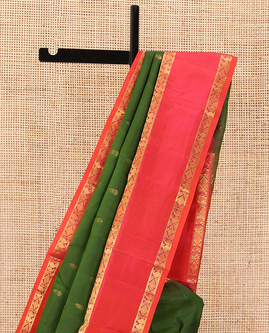 Green zari buttas silk saree, contrast rettai pettu border of rettai manga & rekku & jaal design pallu