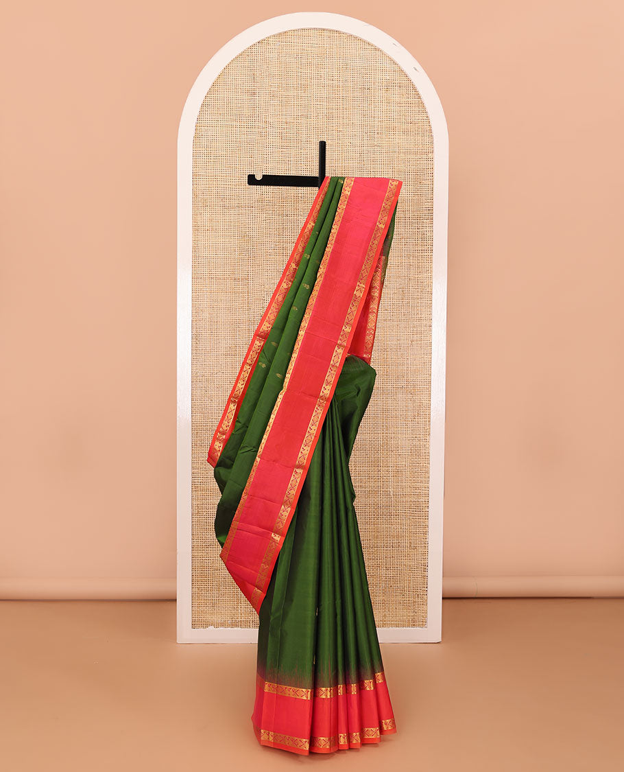 Green zari buttas silk saree, contrast rettai pettu border of rettai manga & rekku & jaal design pallu