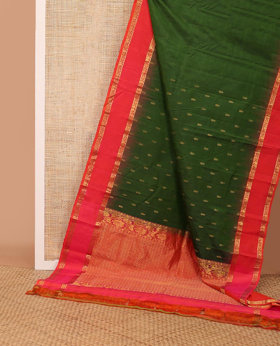 Green zari buttas silk saree, contrast rettai pettu border of rettai manga & rekku & jaal design pallu