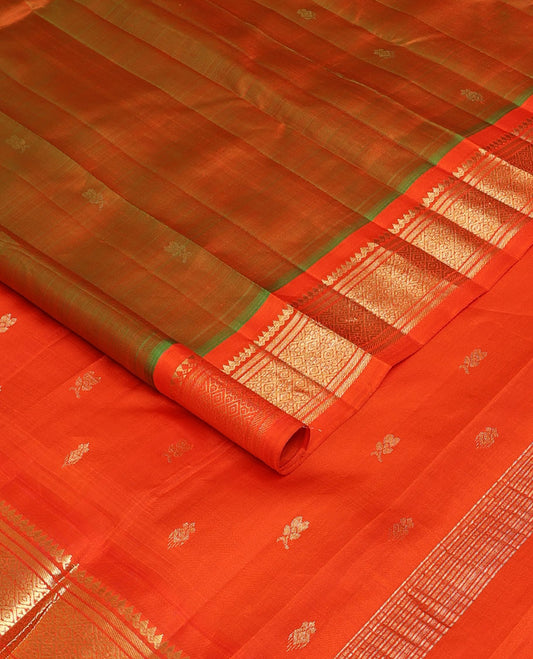 Orange zari buttas Kanchipuram silk saree, contrast one-sided border of salangai,banaras & jaal & zari design pallu