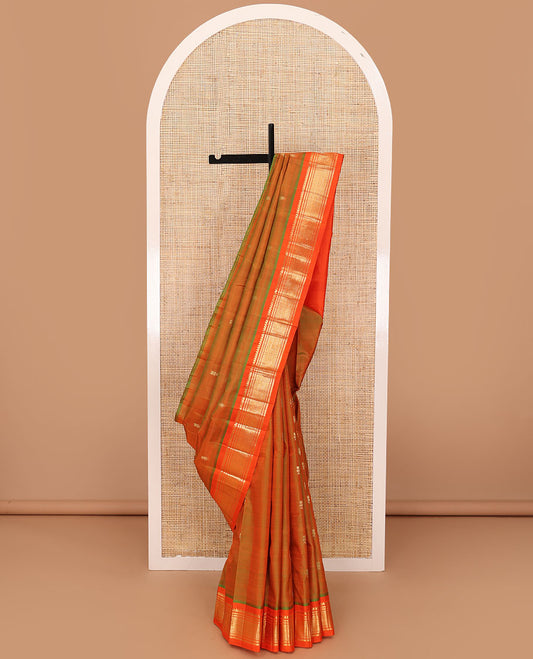 Orange zari buttas Kanchipuram silk saree, contrast one-sided border of salangai,banaras & jaal & zari design pallu