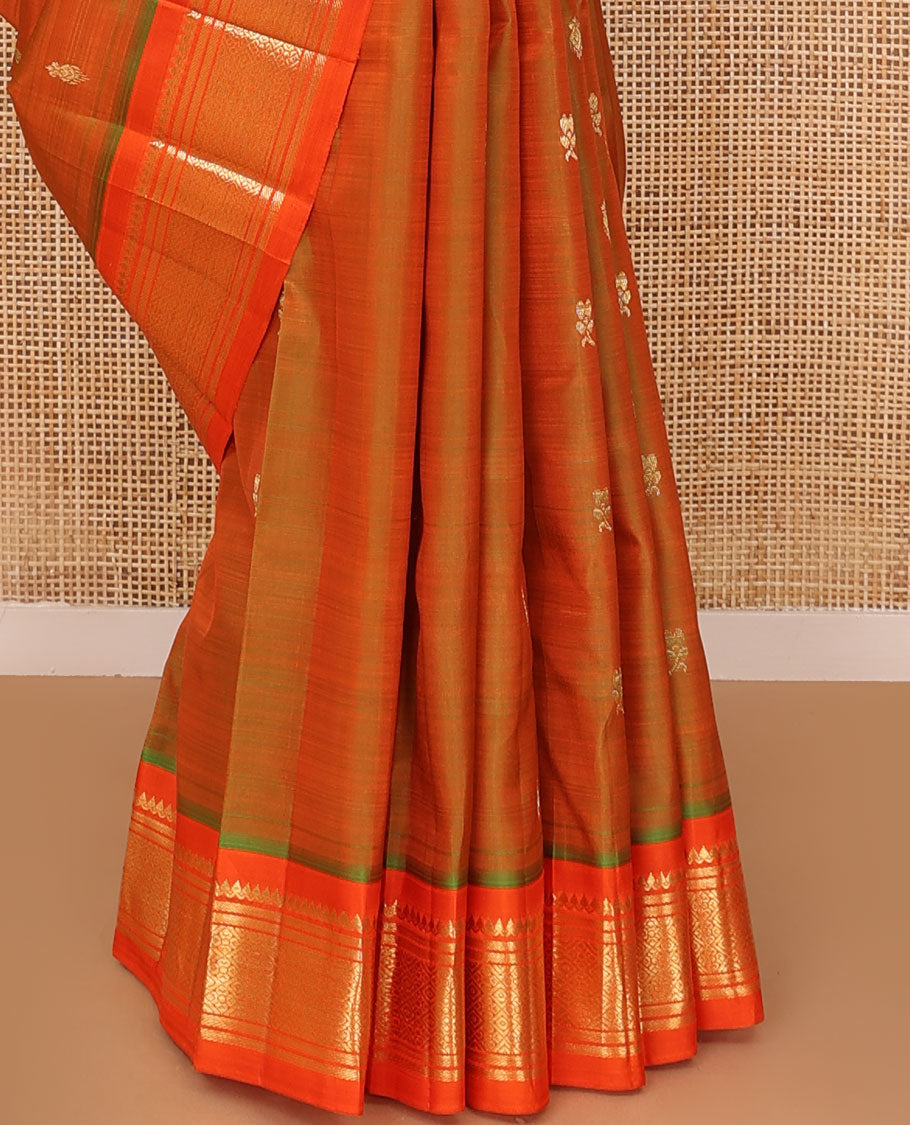 Orange zari buttas Kanchipuram silk saree, contrast one-sided border of salangai,banaras & jaal & zari design pallu