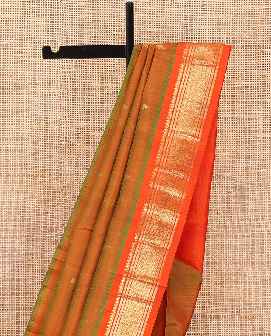 Orange zari buttas Kanchipuram silk saree, contrast one-sided border of salangai,banaras & jaal & zari design pallu