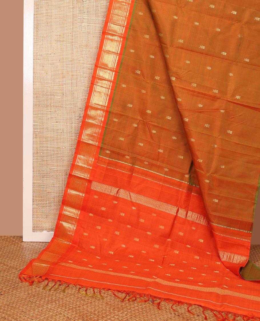 Orange zari buttas Kanchipuram silk saree, contrast one-sided border of salangai,banaras & jaal & zari design pallu
