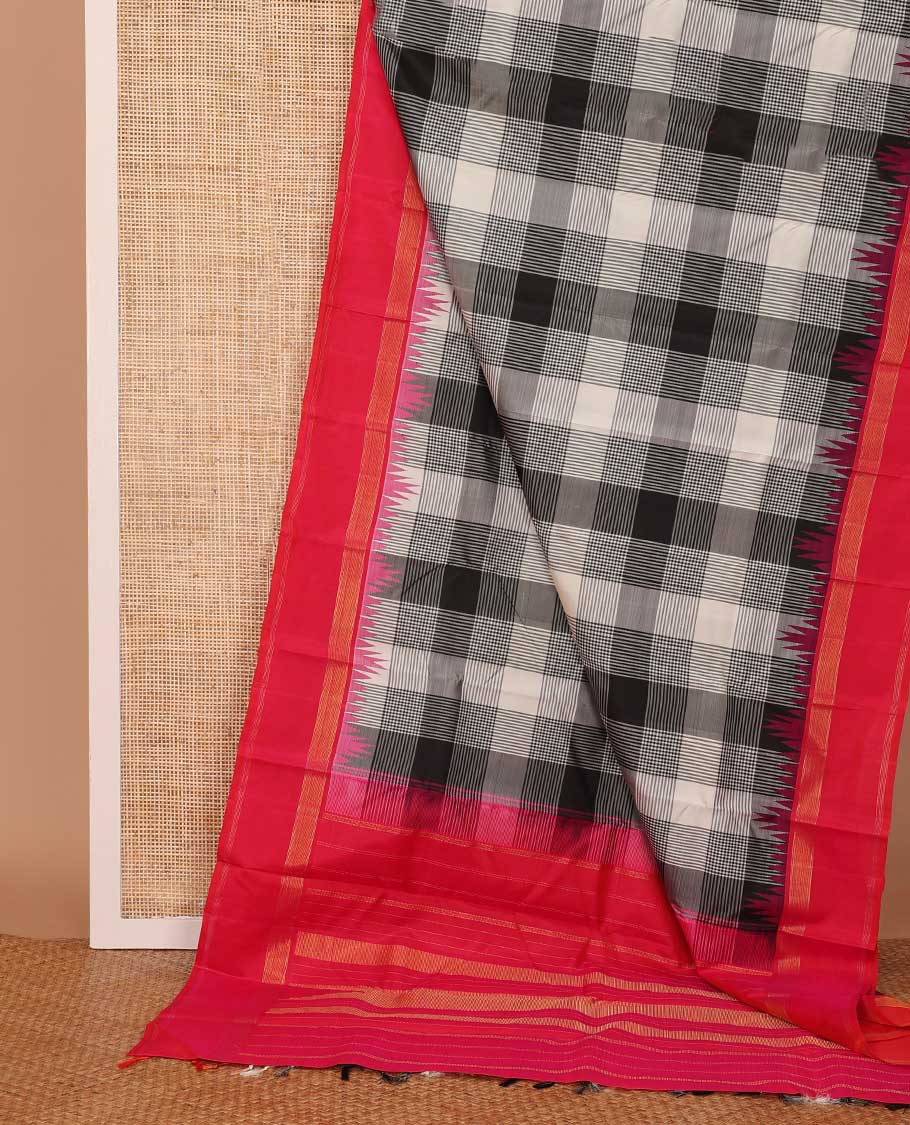 Multi-color checked Kanchipuram silk saree, contrast thazampoo rekku zari border, and zari design pallu