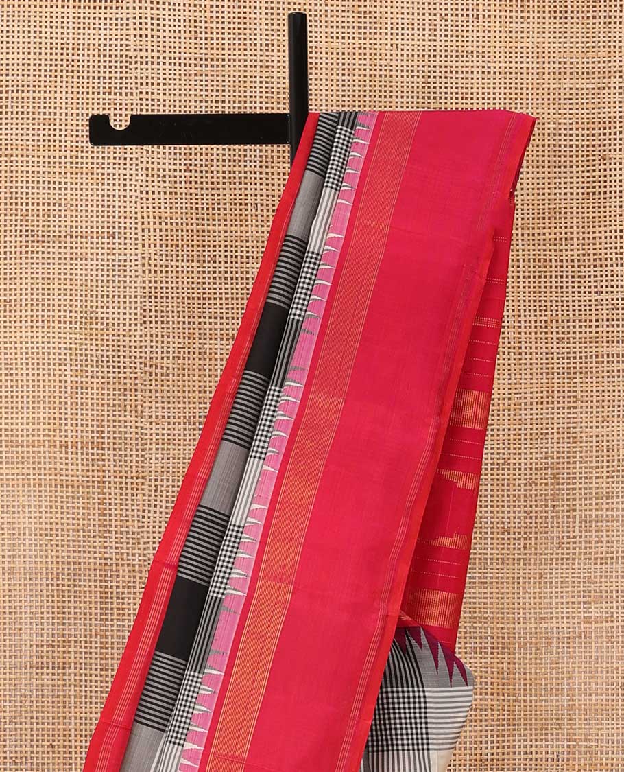 Multi-color checked Kanchipuram silk saree, contrast thazampoo rekku zari border, and zari design pallu
