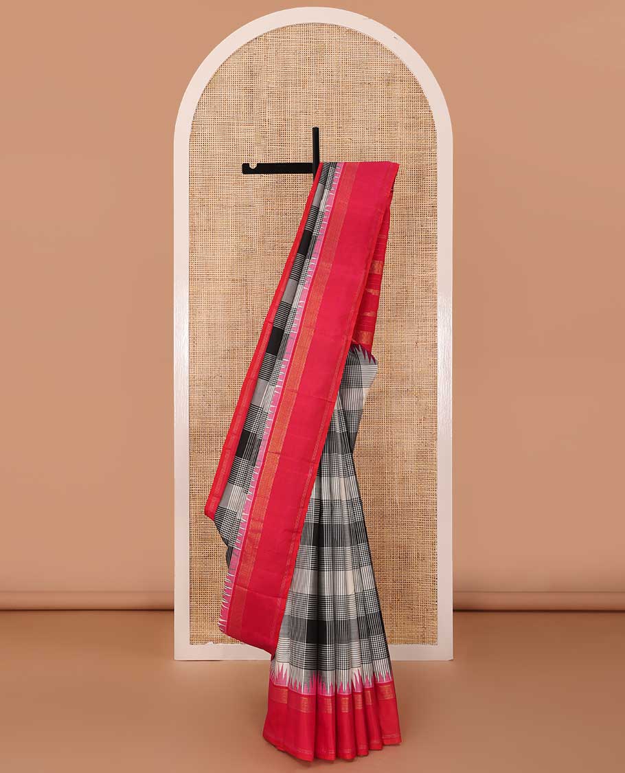 Multi-color checked Kanchipuram silk saree, contrast thazampoo rekku zari border, and zari design pallu