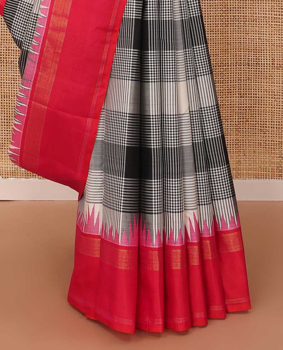 Multi-color checked Kanchipuram silk saree, contrast thazampoo rekku zari border, and zari design pallu