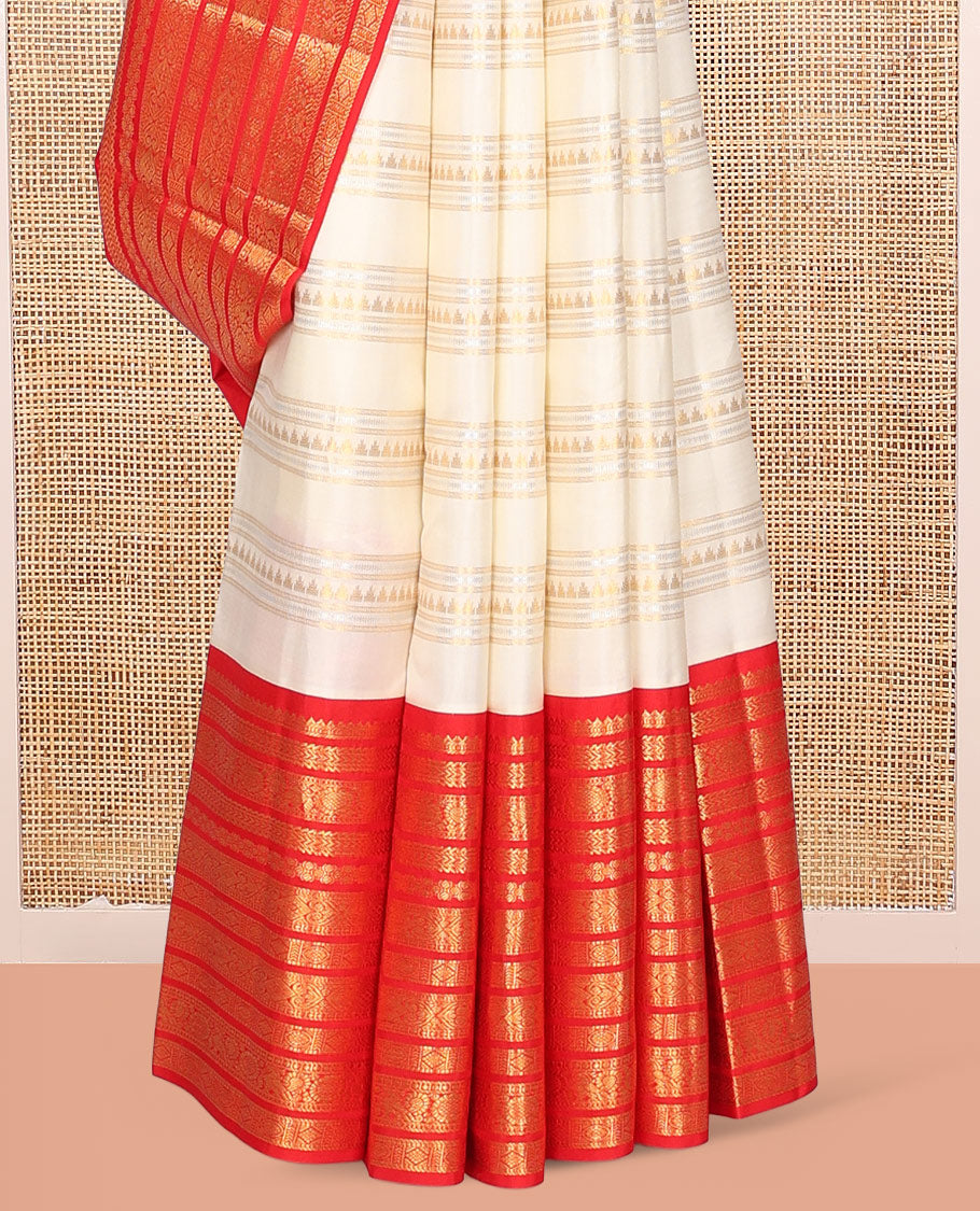 Cream Kanchipuram Designer Silk Saree, Finely Crafted with Geometric Design, Contrast Border of Rekku, Kathir, Annam Chakram, and Jada Nagam Design, Jaal Pallu, and a Contrast Blouse
