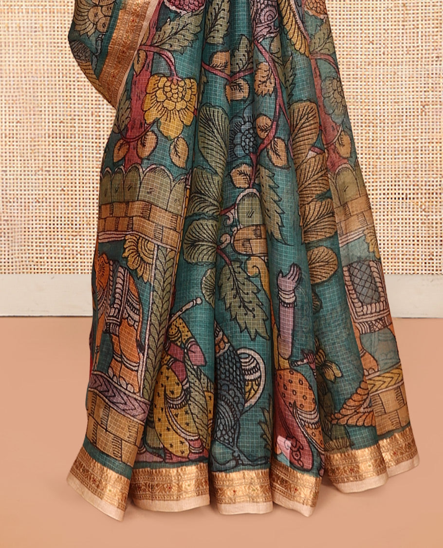 Blue Flora-Fauna-Human Pen Kalamkari Silk Saree, Contrast Zari Border, God Motif Pallu, Contrast Blouse