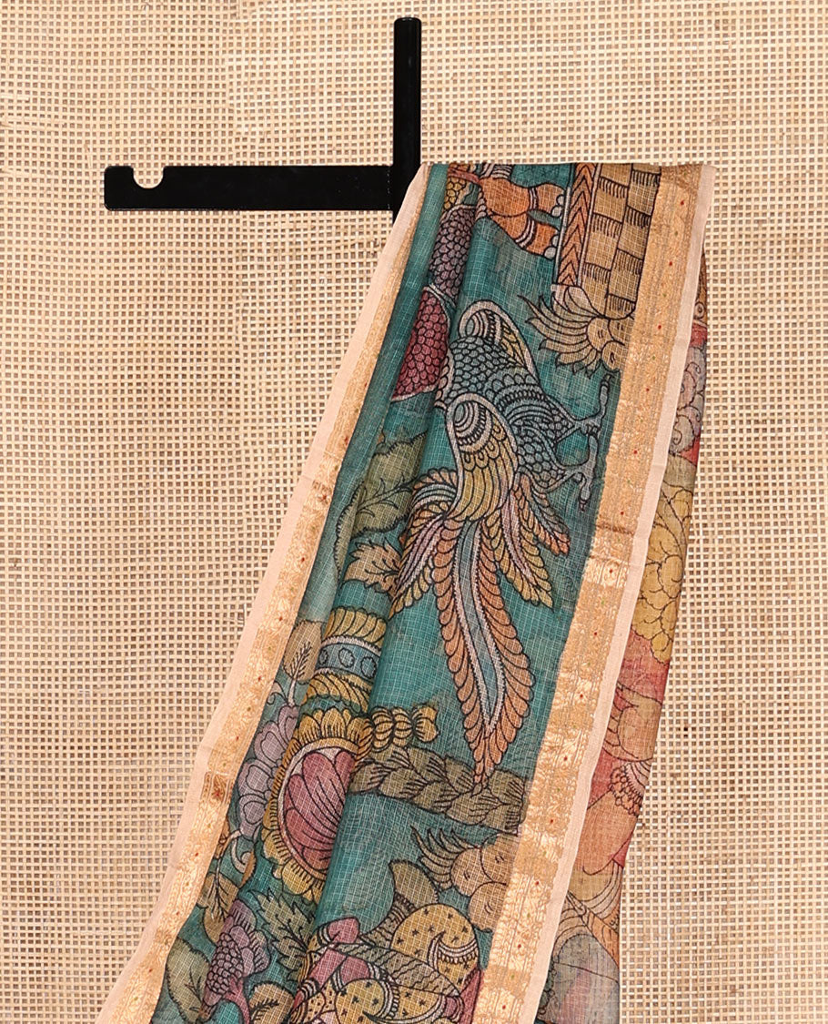 Blue Flora-Fauna-Human Pen Kalamkari Silk Saree, Contrast Zari Border, God Motif Pallu, Contrast Blouse