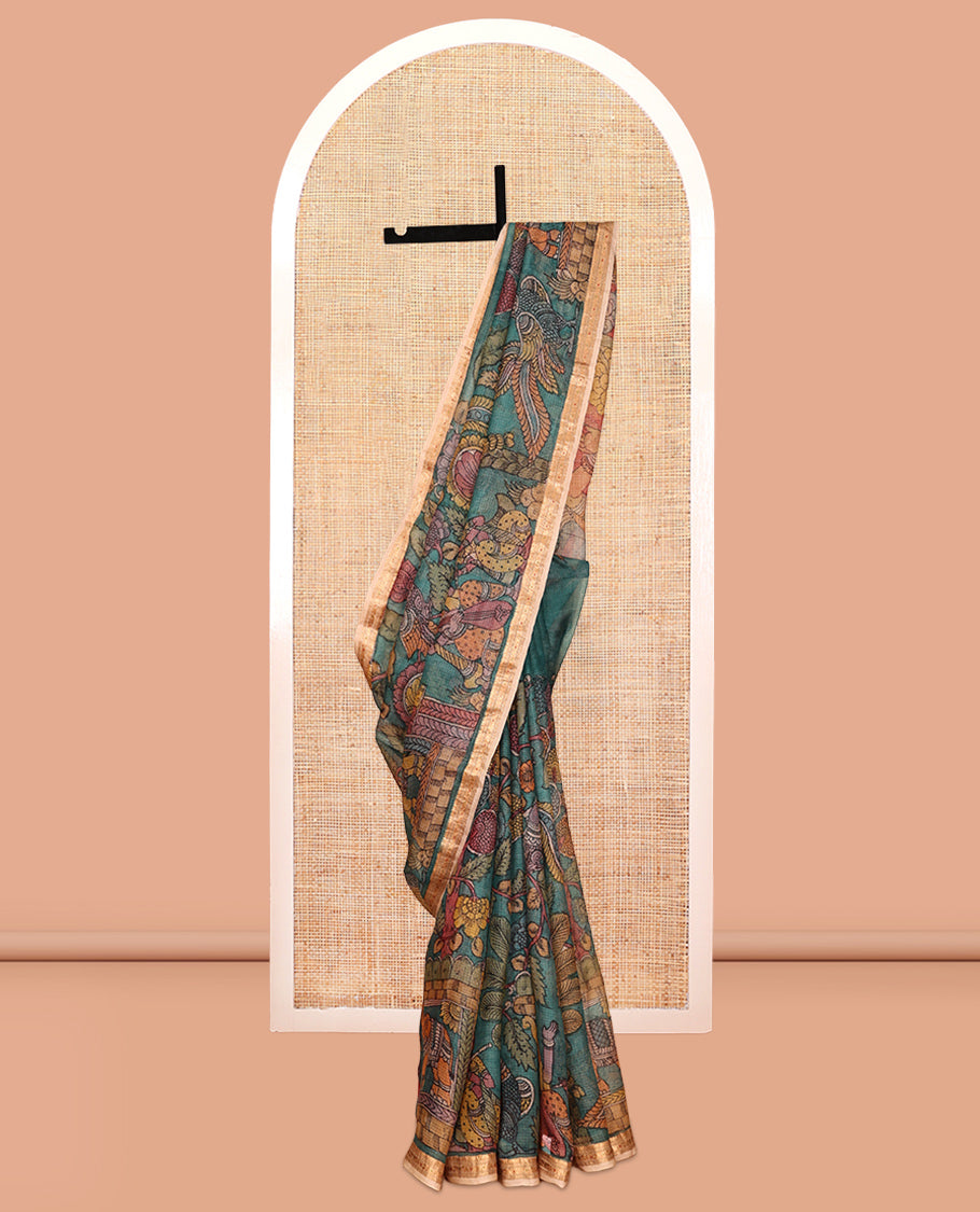 Blue Flora-Fauna-Human Pen Kalamkari Silk Saree, Contrast Zari Border, God Motif Pallu, Contrast Blouse