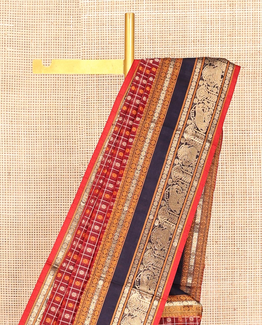 Red Buttas-Checked Kuppadam Silk Saree, a Contrast Double-Pet Peacock-Elephant Border, Grand Pallu, Matching Blouse