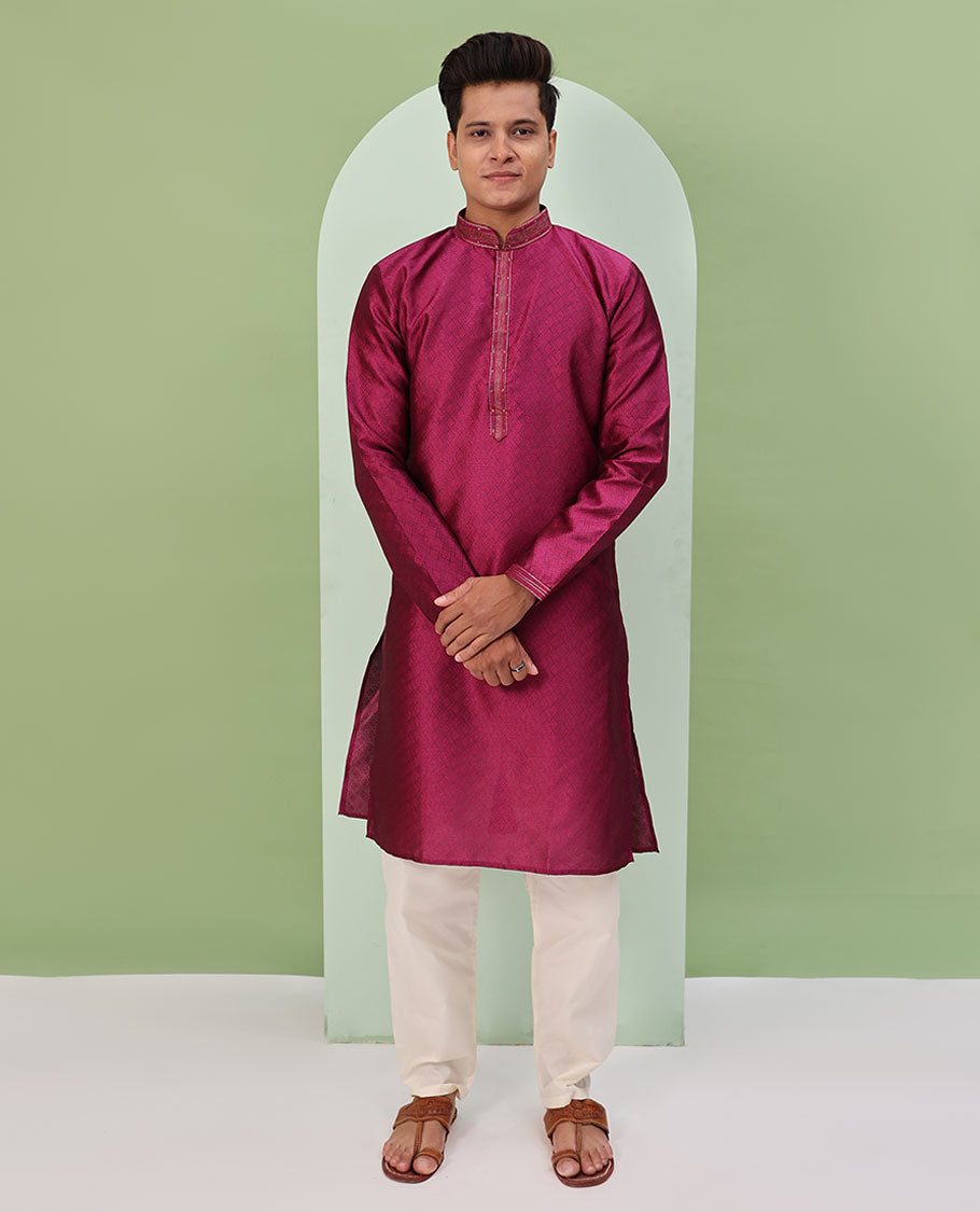 Maroon chevron embossed & neck work full-sleeved kurta