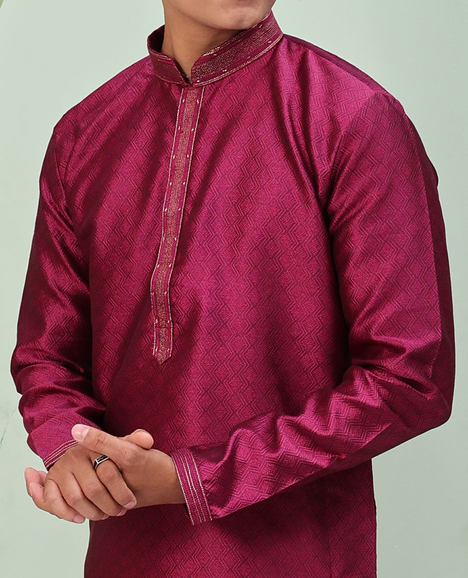 Maroon chevron embossed & neck work full-sleeved kurta