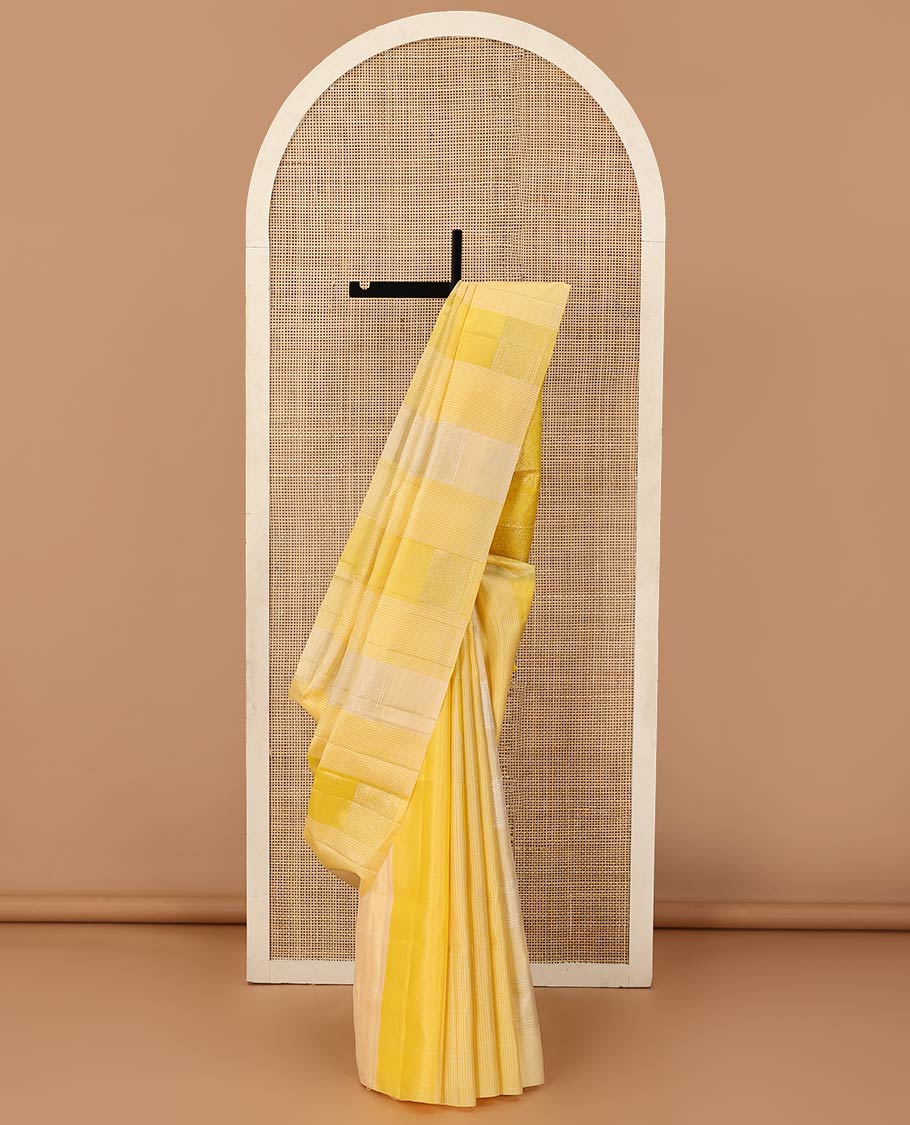 Borderless yellow micro-checked with buttas soft silk saree, sparsely woven pallu