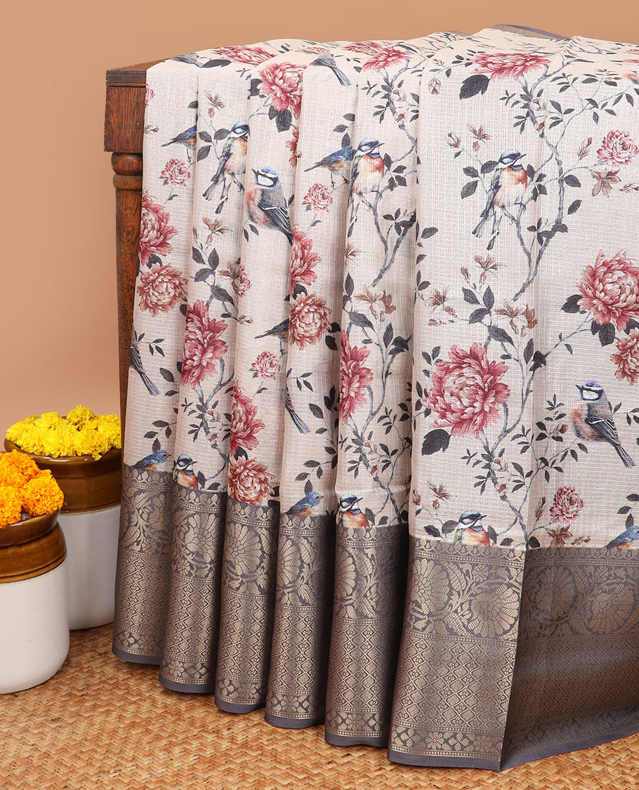 Cream with brown floral digital printed kota checks cotton saree with gold zari jacquard border & printed pallu along with contrast plain blouse