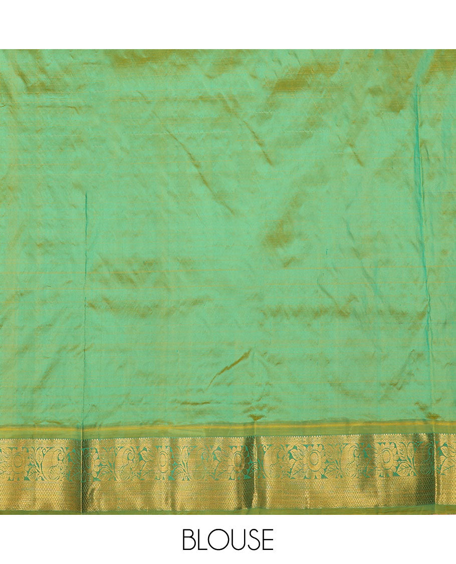 Blue zari buttas pure-silk half saree, contrast border & blouse of floral,manga & mayil kann & zari design dhavani