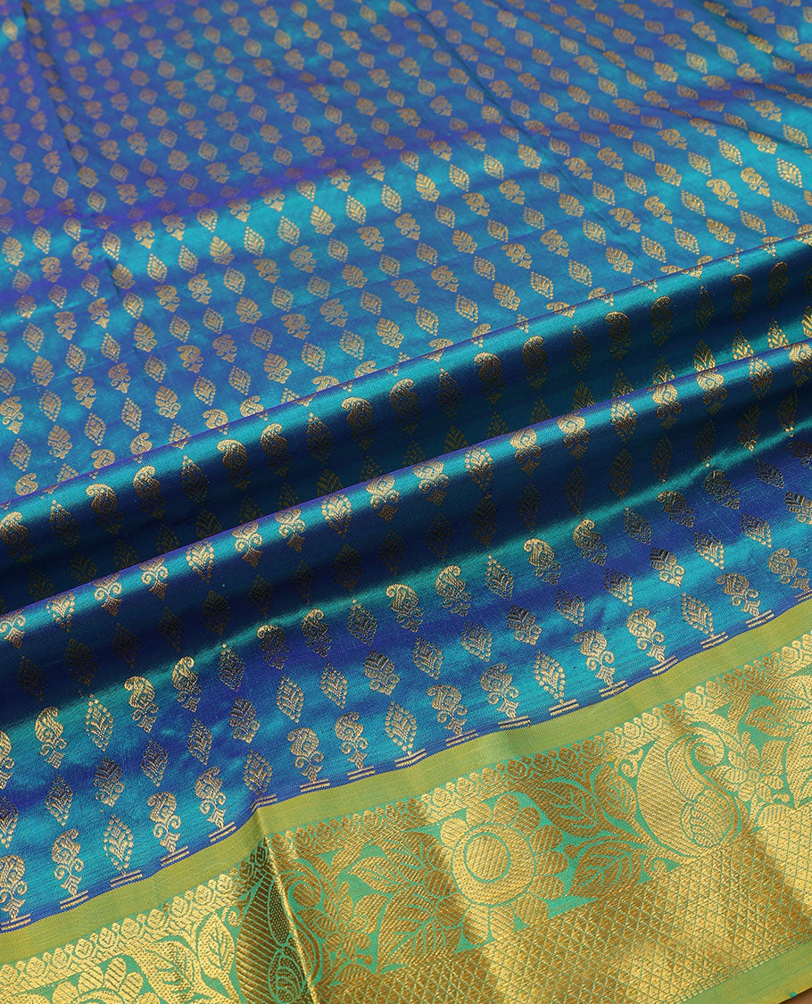 Blue zari buttas pure-silk half saree, contrast border & blouse of floral,manga & mayil kann & zari design dhavani