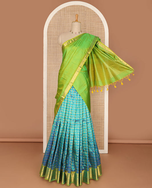 Blue zari buttas pure-silk half saree, contrast border & blouse of floral,manga & mayil kann & zari design dhavani